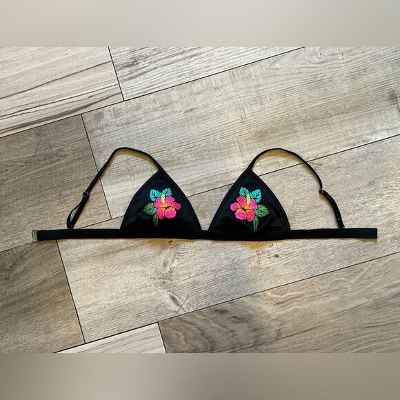 Factorie black pink embroidered hibiscus Hawaiian surf triangle bikini sz small - Picture 2 of 6